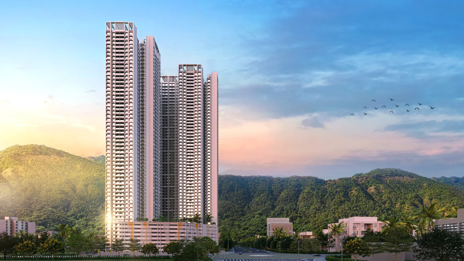 Dosti 604 towers against the Thane hills, artist's impression