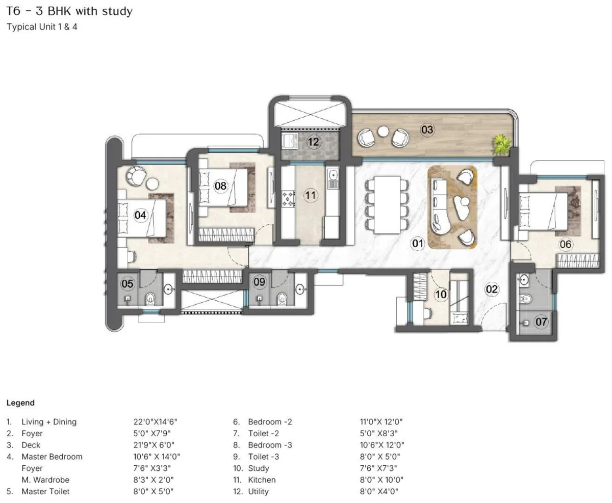 Tower 6 unit plan, 3 BHK with study