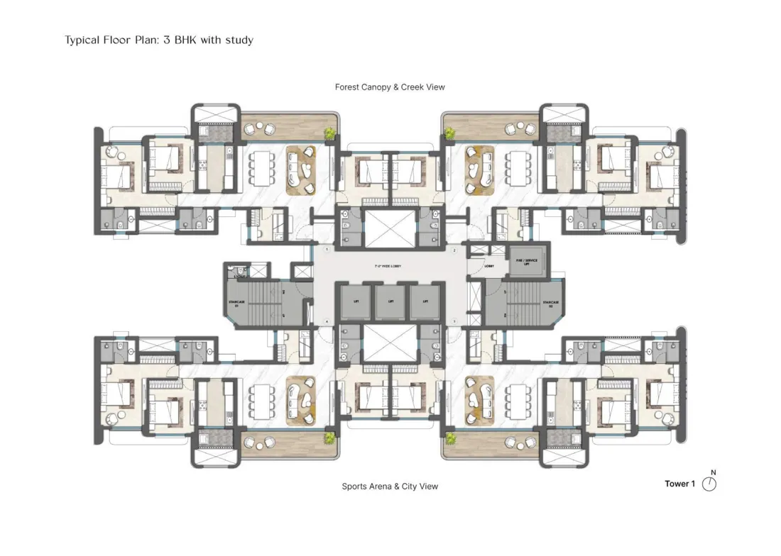 Typical floor plan, Tower 1, 3 BHK with study