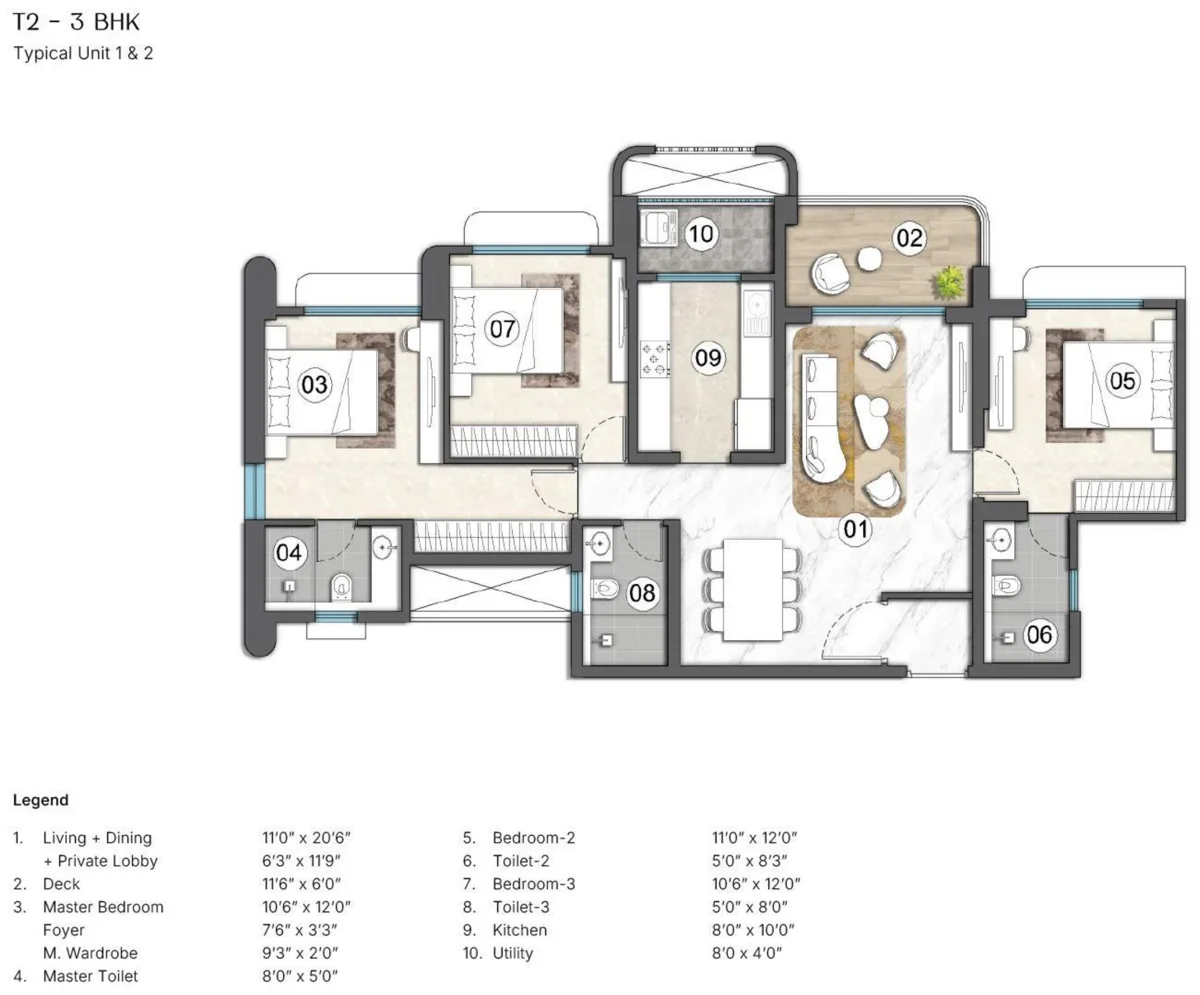 Tower 2 unit plan, 3 BHK