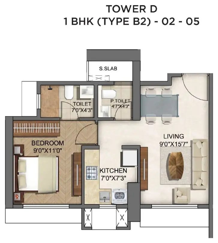 Tower D, 1 BHK, type B2, units 02 to 05