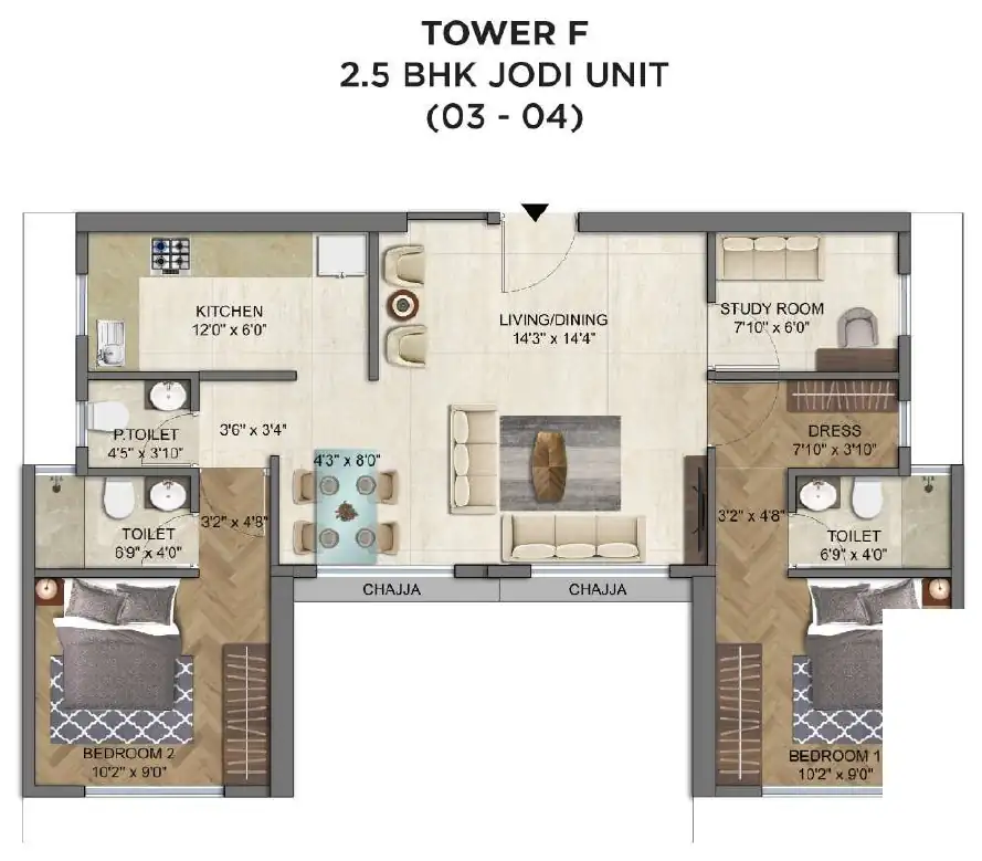 Tower F, 2.5 BHK jodi, units 03 to 04