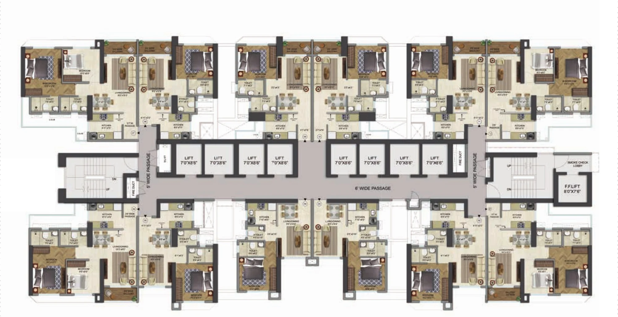 Typical floor plan: twelve homes around a central lift core