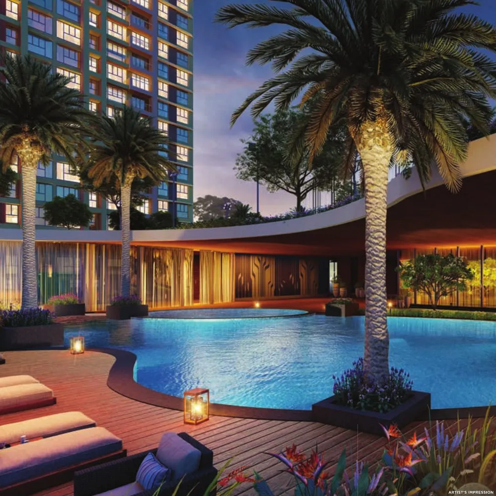 Pool and palm deck at dusk, artist's impression