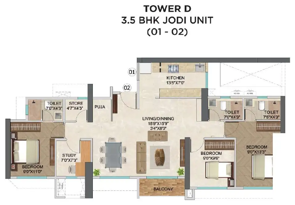 Tower D, 3.5 BHK jodi, units 01 to 02