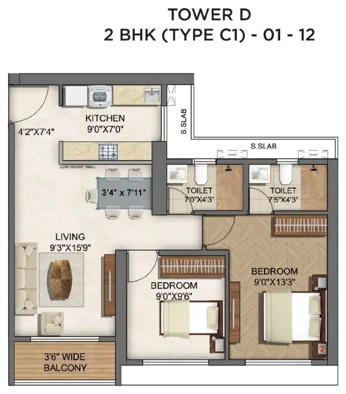 Tower D, 2 BHK, type C1, units 01 to 12