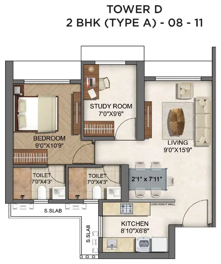 Tower D, 2 BHK, type A, units 08 to 11