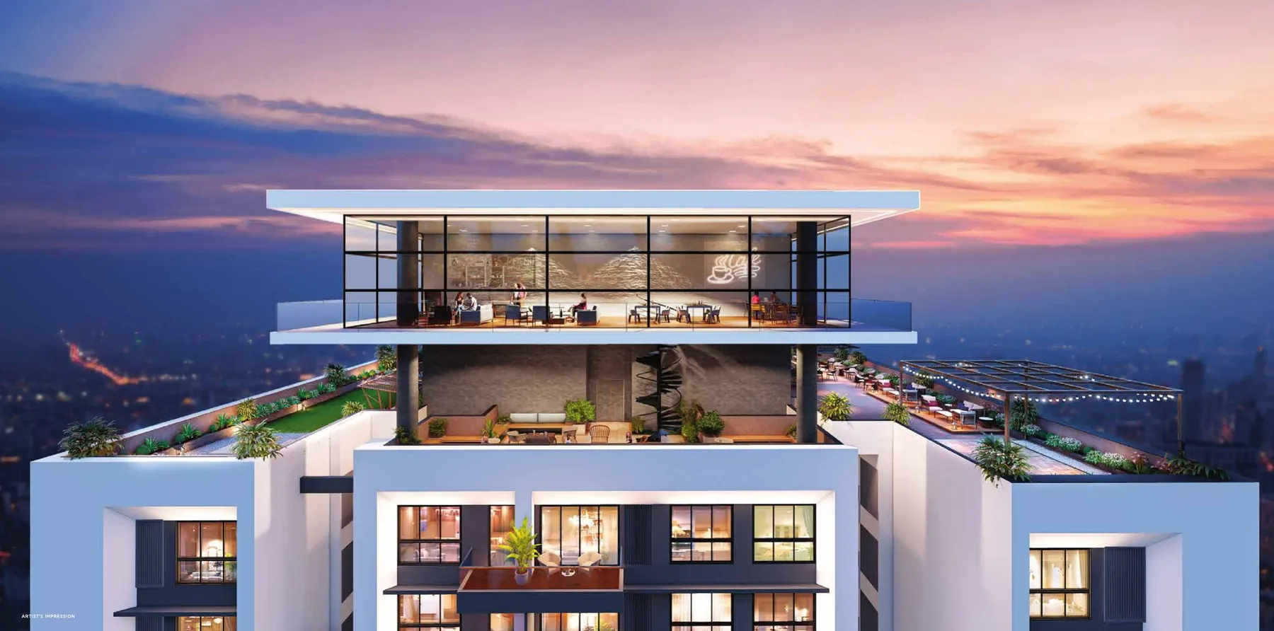 Runwal Zenith rooftop at dusk, artist's impression