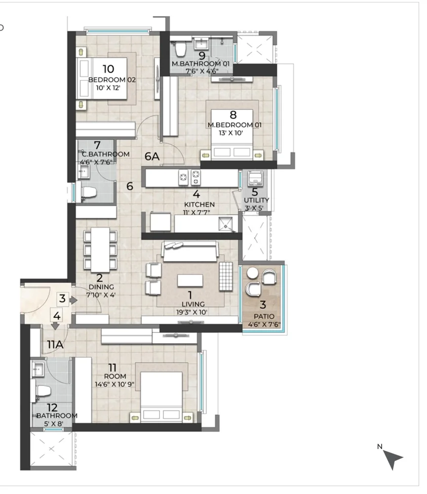 Tower H units 3 and 4, 2 bedroom and studio plan