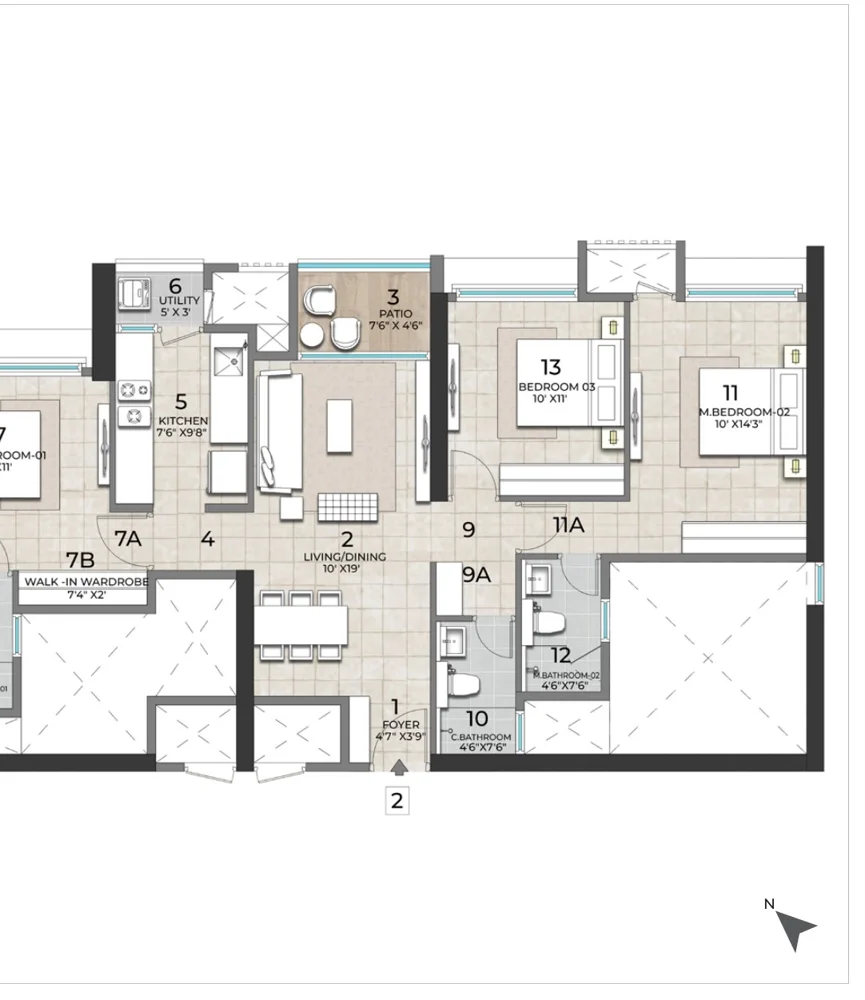 Tower H unit 2, 3 bedroom plan