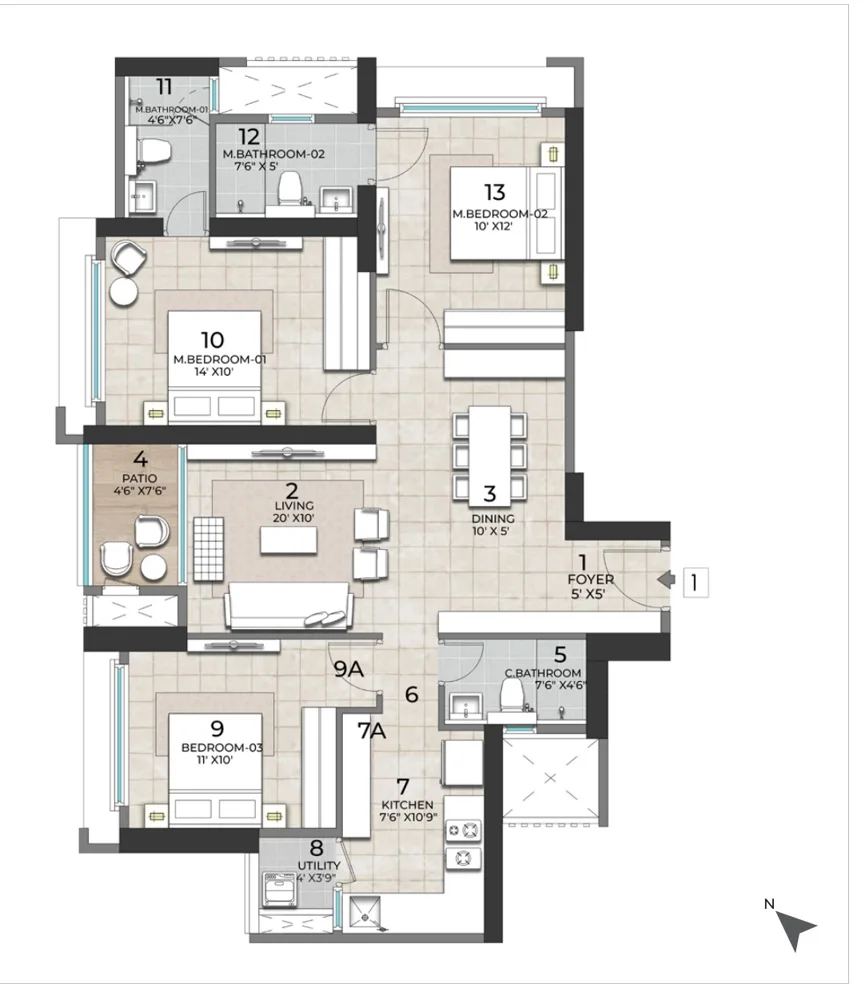 Tower H unit 1, 3 bedroom plan
